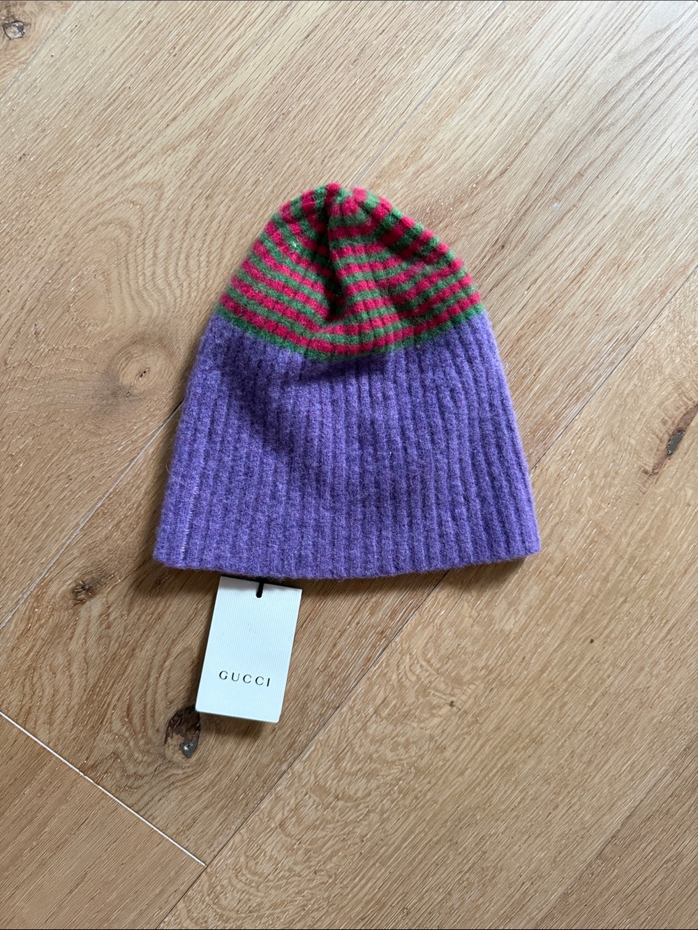 Gucci Purple Knit Beanie with Red and Green Stripes